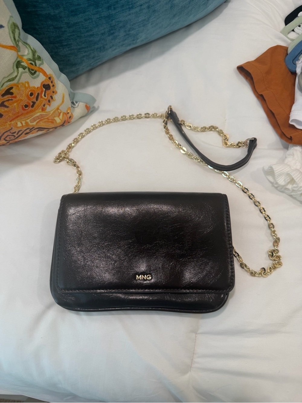 Mango Black Leather Crossbody with Gold Chain Strap
